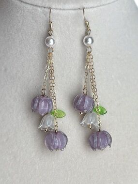Lilly of the Valley Purple and White Glass Flower Drop Earrings with Gold Chains